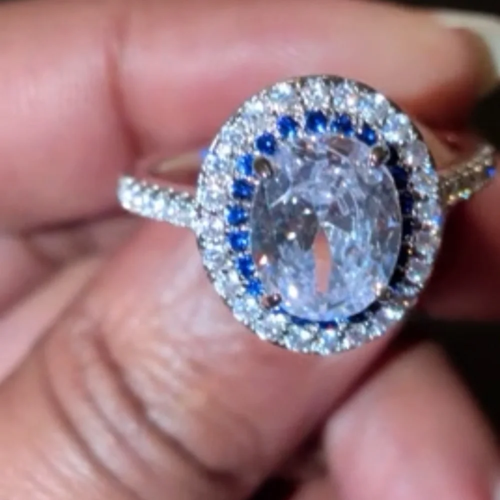 3Ct 925 Silver Oval Cut Blue Halo White Diamond Simulated Engagement Ring  Sz 10